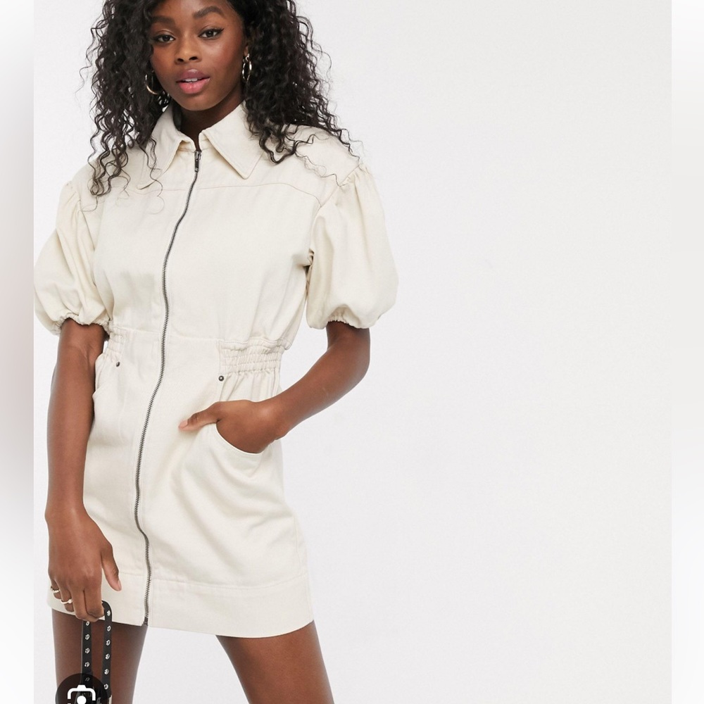 denim white puff sleeve dress